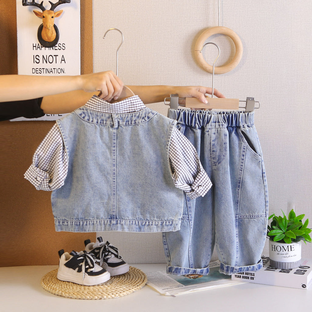 Boys' Plaid Shirt Denim Vest Three-Piece Set