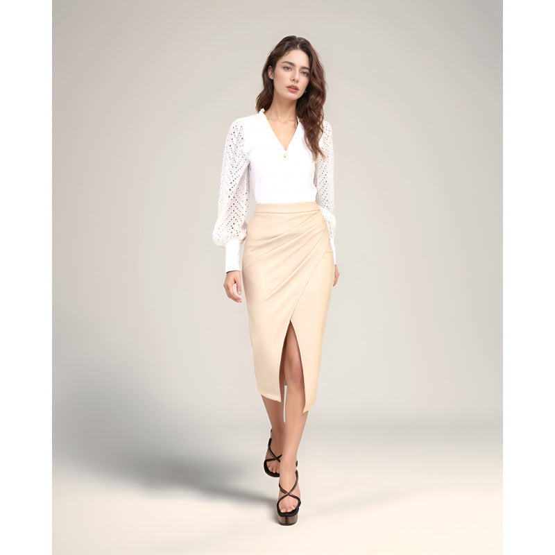 Women's High-Waisted PU Leather Bodycon Skirt with Side Slit