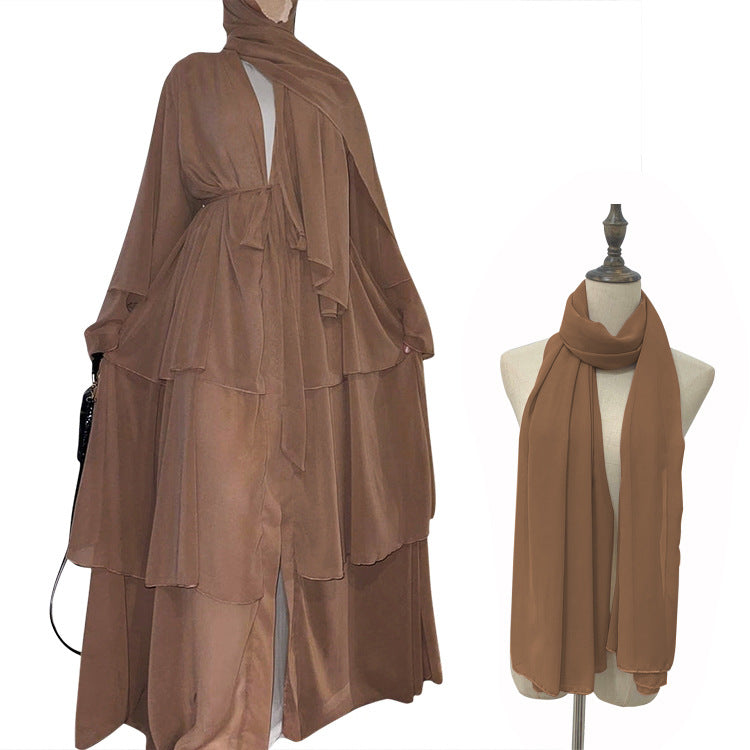Stitching three-layer chiffon elegant cardigan dress robe