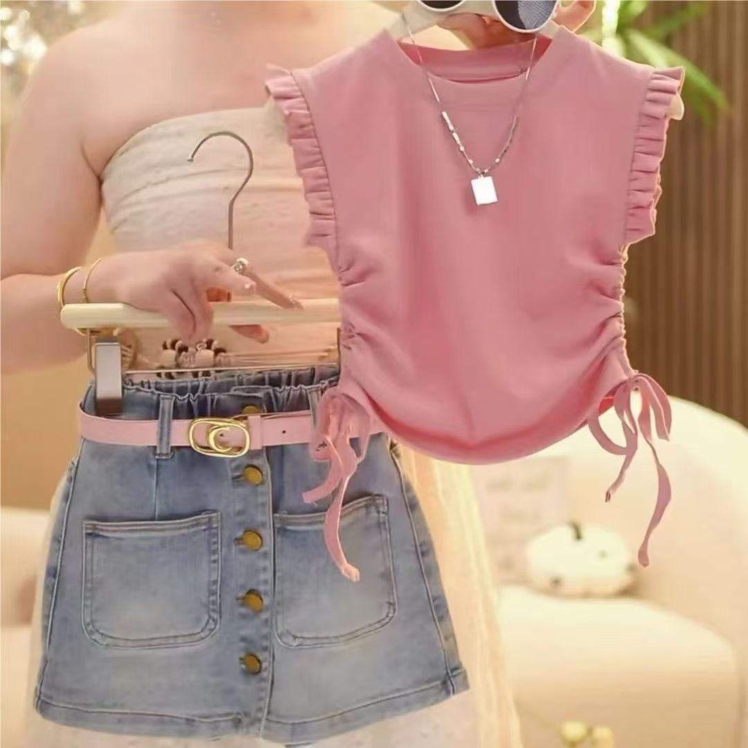 Girls' Summer Flutter Sleeve Denim Shorts Set
