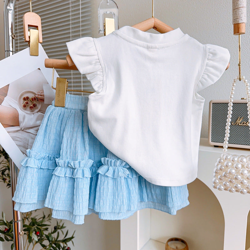 Girls Short Sleeve Bow Plaid Skirt Set