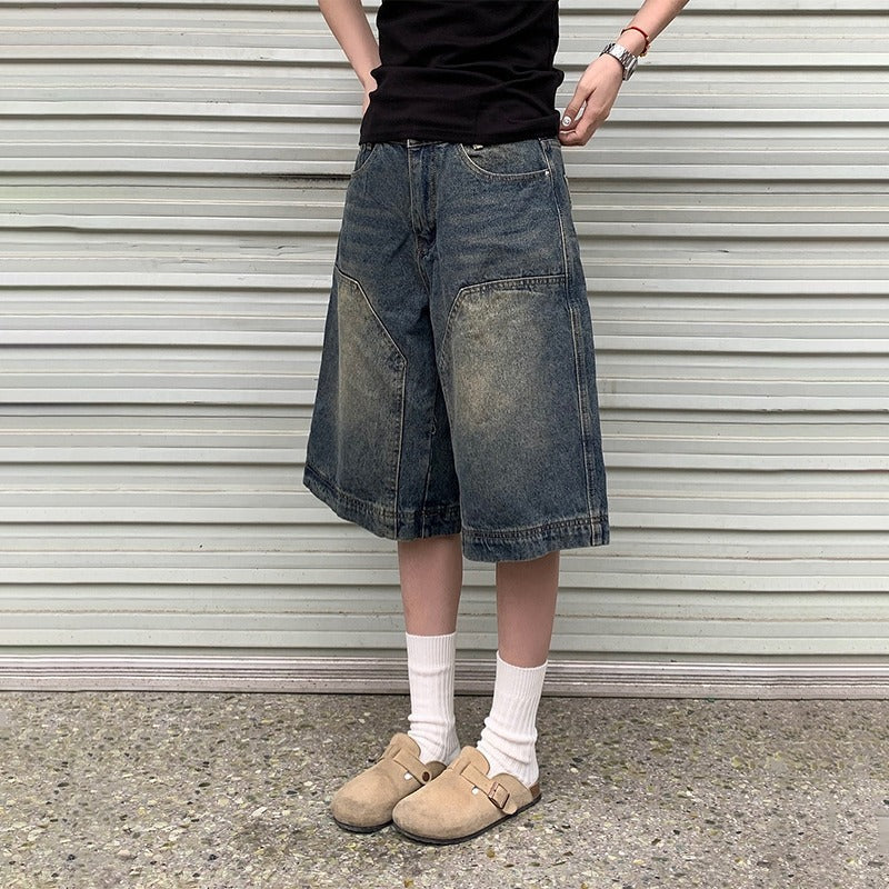 Men's Vintage Blue Washed Denim Shorts Straight Fit Casual Cropped Pants