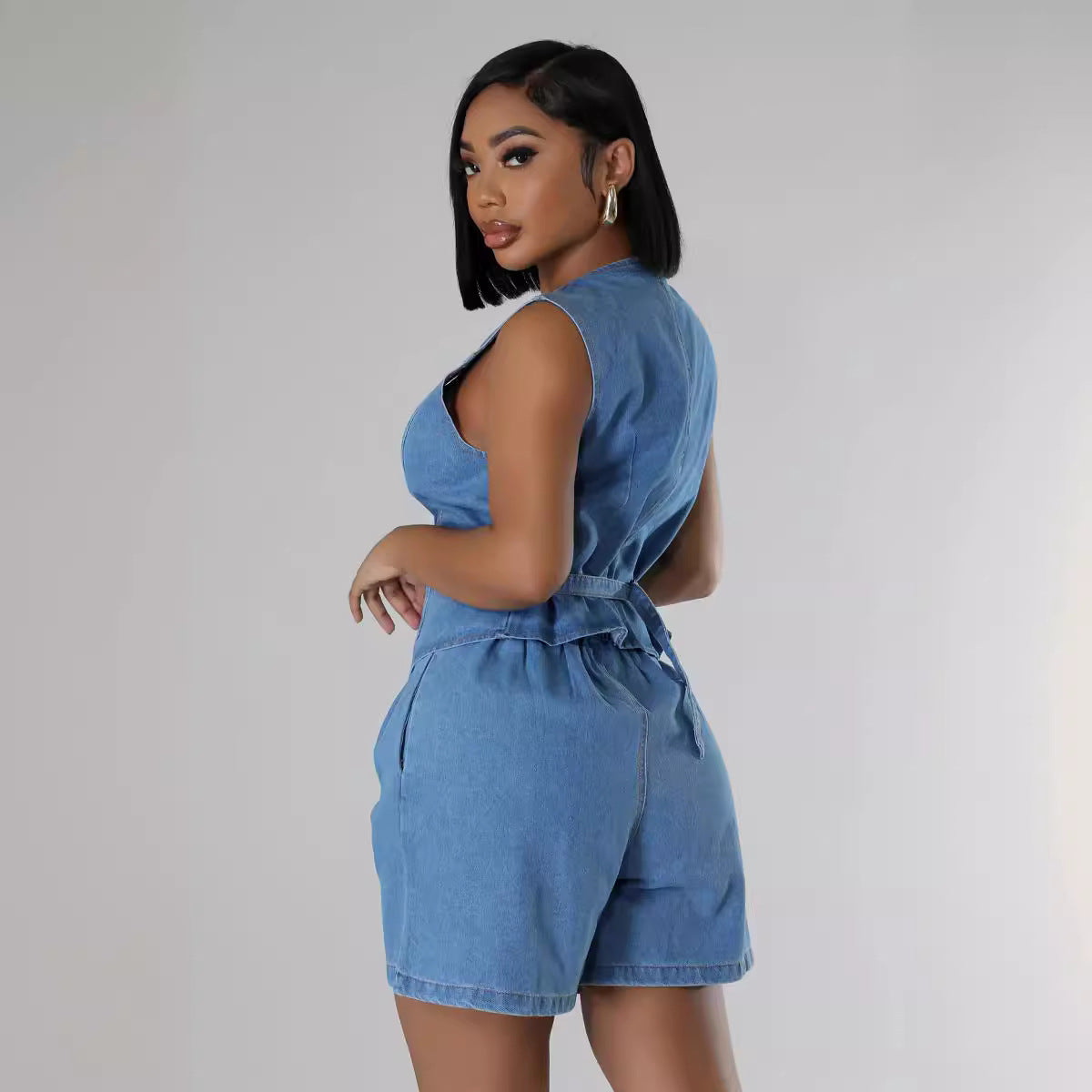 Short denim shorts with no sleeves and a high waist