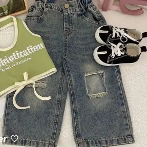 Girls' Summer Camisole Ripped Jeans