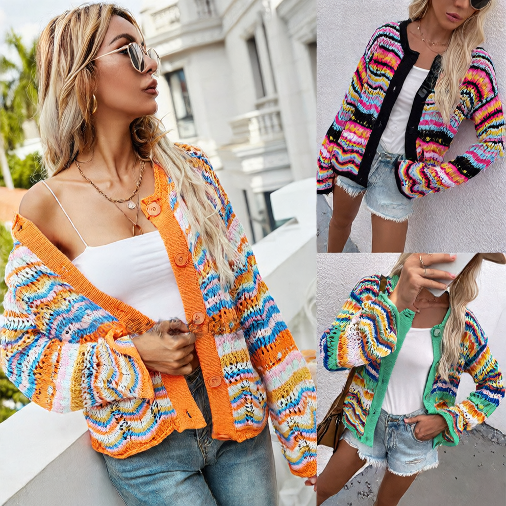Striped Loose Knit Cardigan for Women