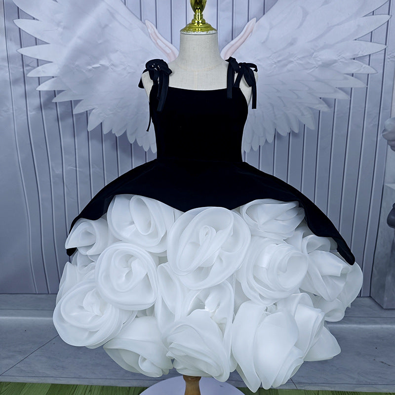 Girl's Black Princess Dress with 3D Flowers