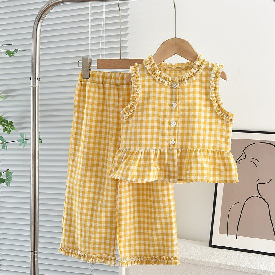 Girls' Lace Contrast Plaid Sleeveless Vest and Wide-leg Pants Set