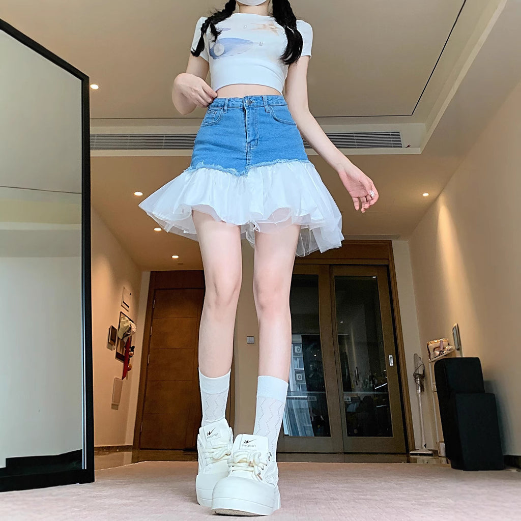 High-waisted denim short skirt for women, lace straight half skirt with patchwork