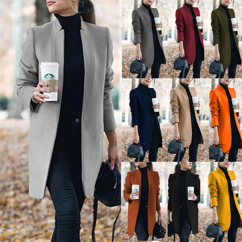 Solid color stand collar wool coat