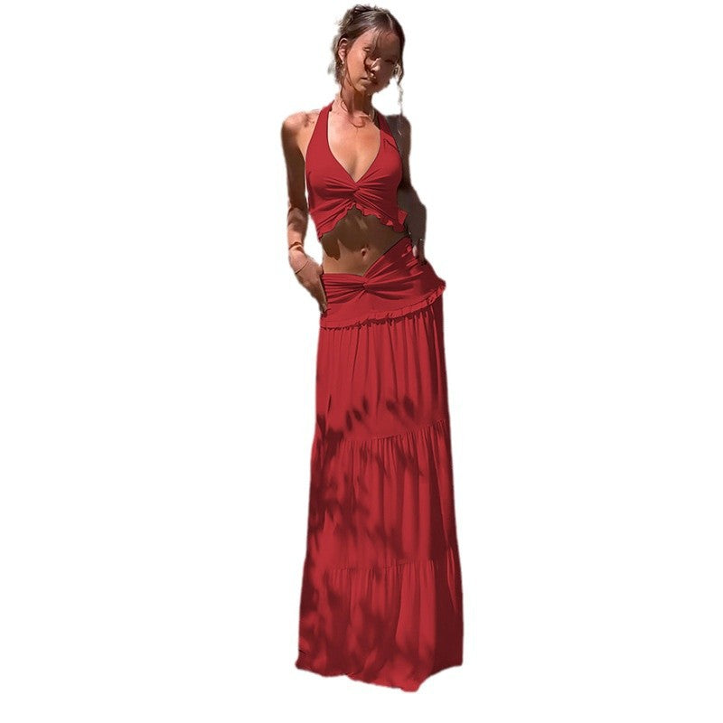 Women's V-Neck Halter Top and Long Skirt Set