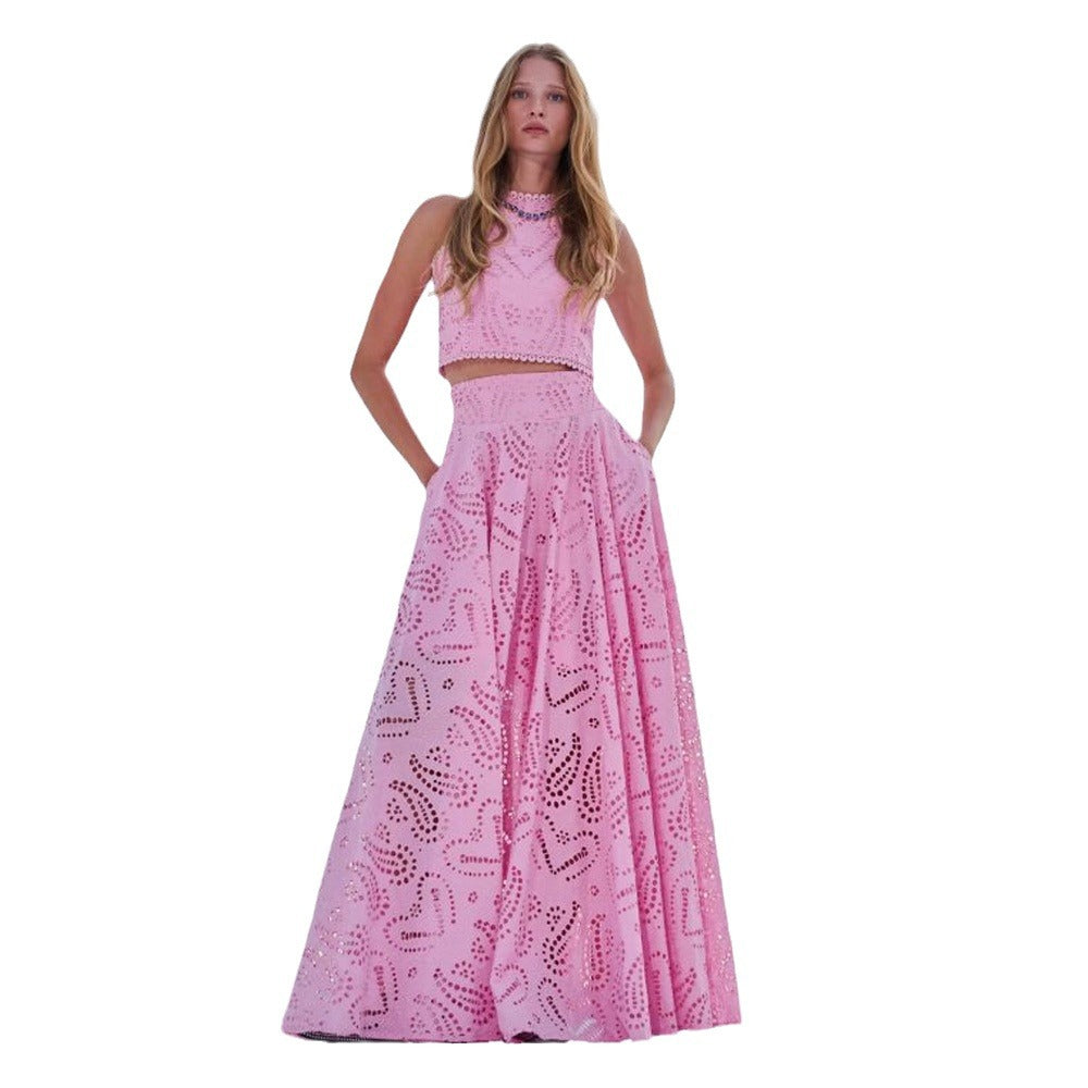 Elegant Sleeveless Lace Skirt Two-Piece Set