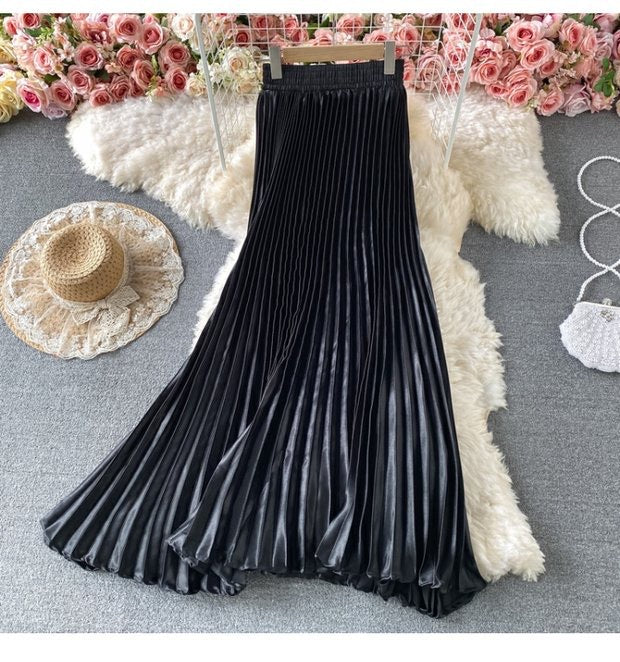 Satin Pleated Midi Skirt High Waist