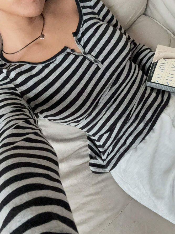 Striped color-blocked off-shoulder long-sleeved T-shirt