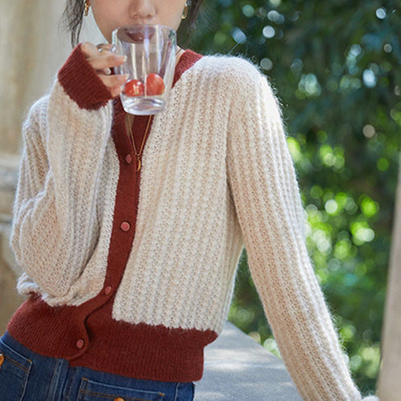 Color Block Knitted Cardigan Women's Loose Fit Open Front Sweater