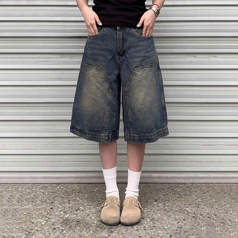 Men's Vintage Blue Washed Denim Shorts Straight Fit Casual Cropped Pants