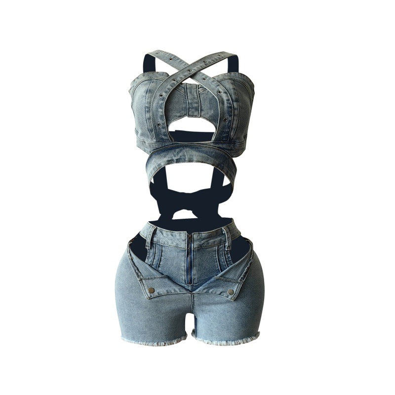 Denim shorts set
