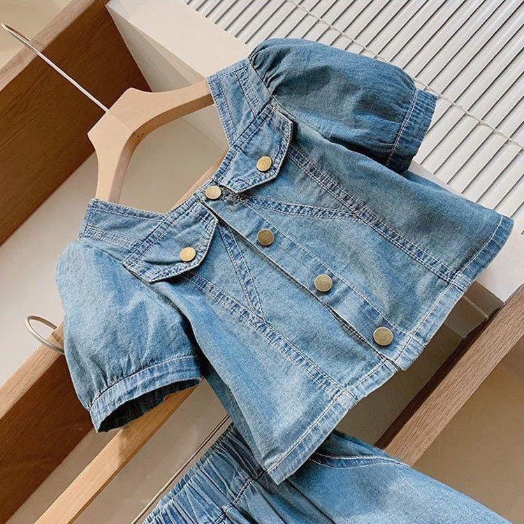 Girls' French Style Denim Skirt Suit - Two-Piece Skirt Suit