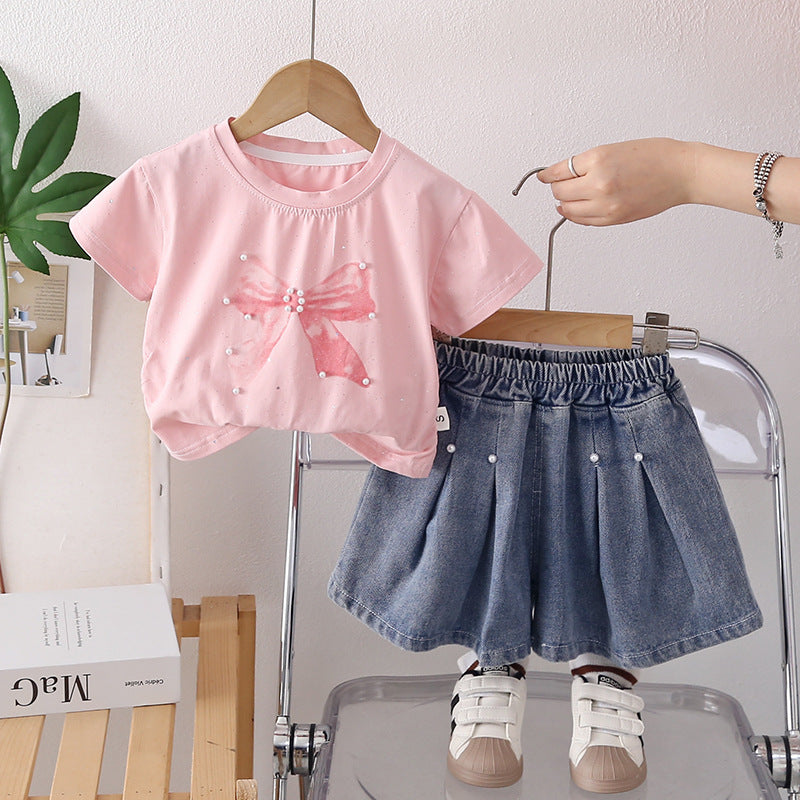 Girls' Short Sleeve Two-Piece Set with Bow