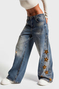 Embroidered High-Waisted Loose Denim Jeans
