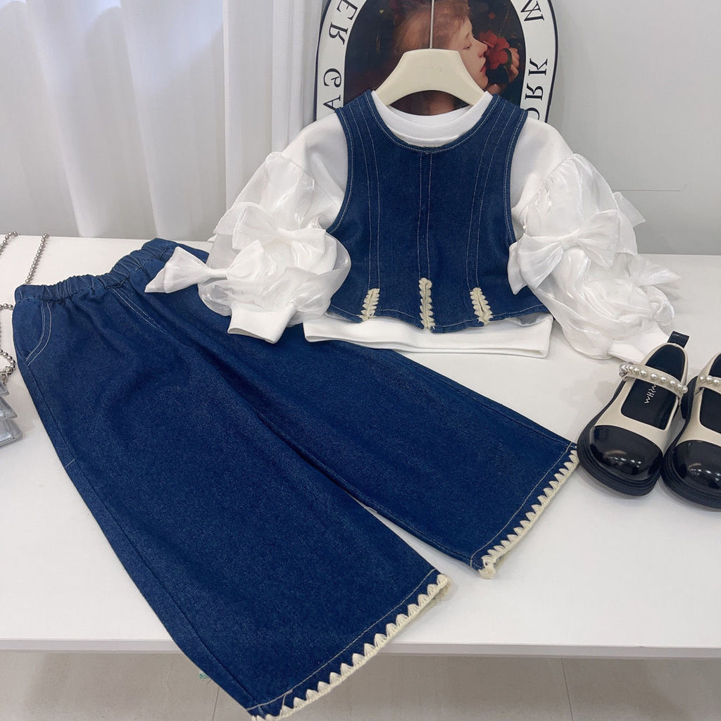 Girls' Denim Vest Wide-Leg Pants Three-Piece Set