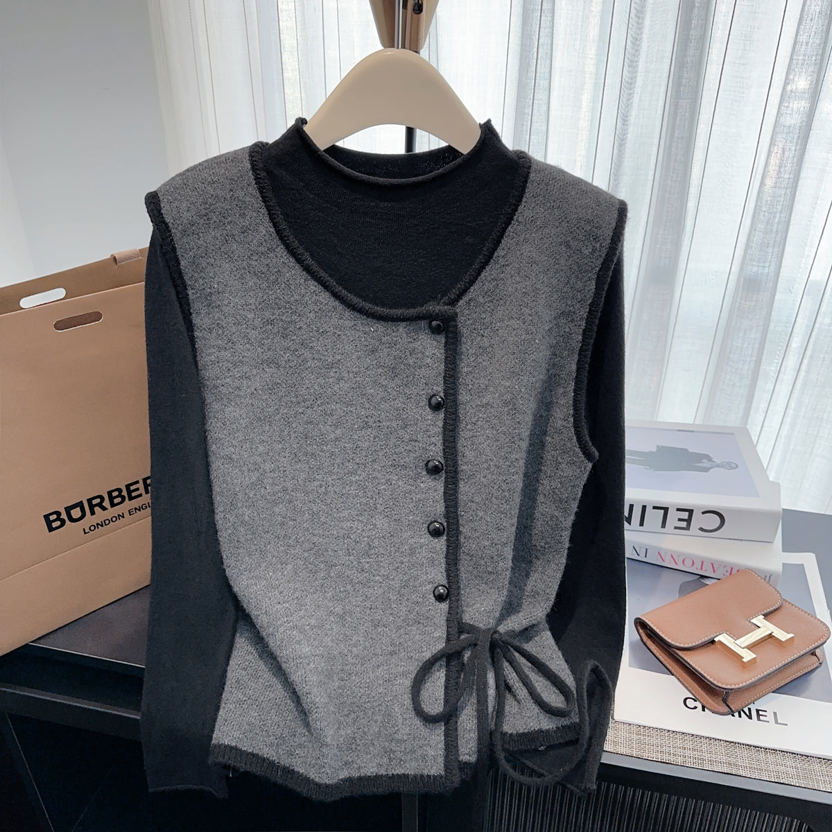 Women's Designer Lace-Up Vest and Long-Sleeve Base Shirt Two-Piece Set