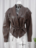 Lace-up short leather jacket coat