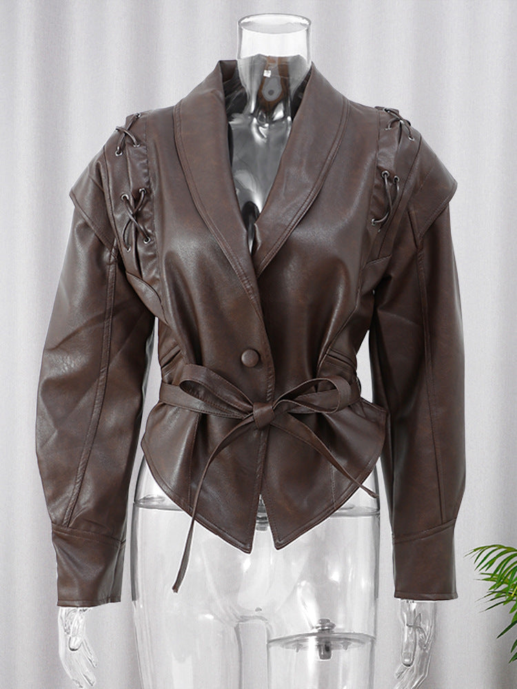 Lace-up short leather jacket coat