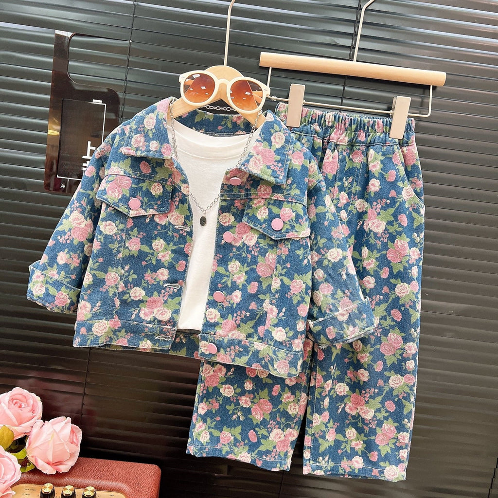 Girls' Floral Print Denim Two-Piece
