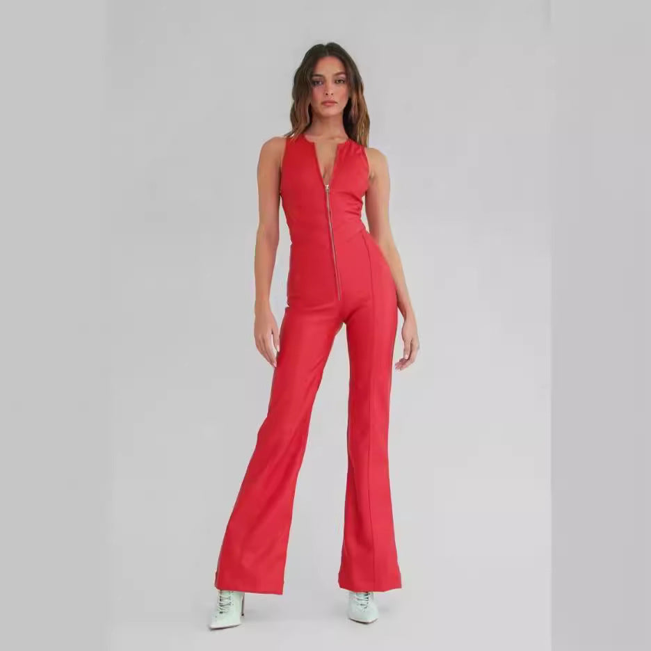 Shirring sleeveless high-waisted denim jumpsuit