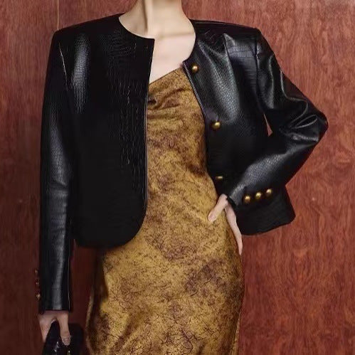 Sheepskin Crocodile Pattern Leather Jacket