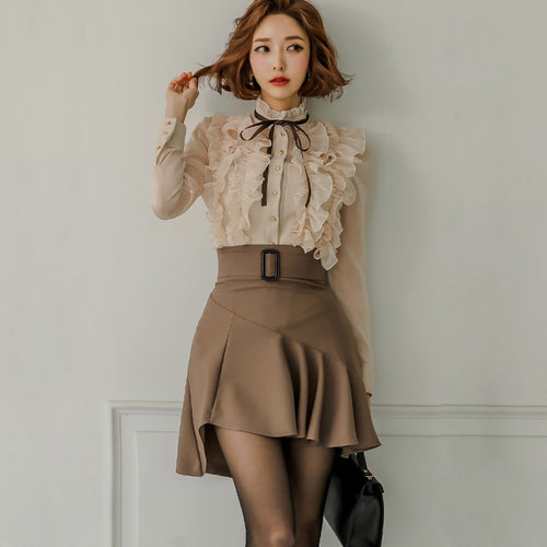 Lady-like Sheer Blouse and Ruffled Skirt Set