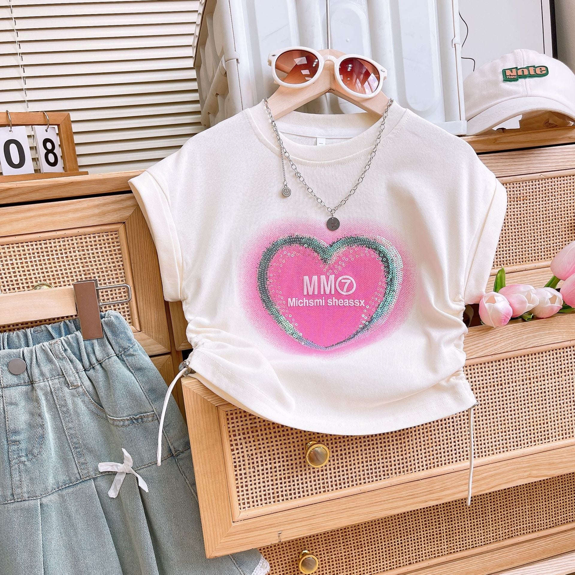Girls' Sequins Denim Skirt Set with Lace Trim