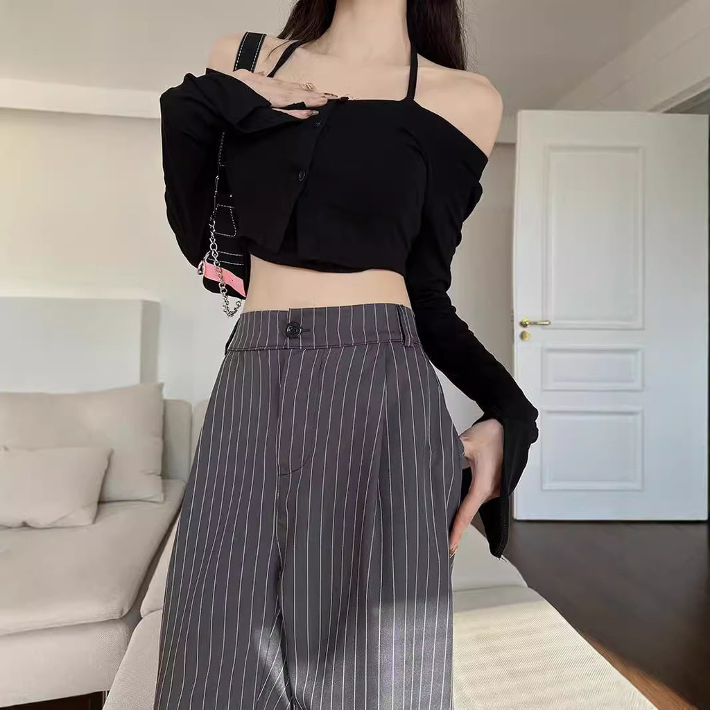 Slimming and flowing striped straight-leg suit pants