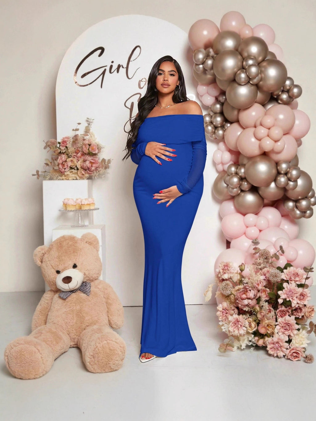 Pregnancy-friendly off-shoulder mermaid-style long-sleeve dress