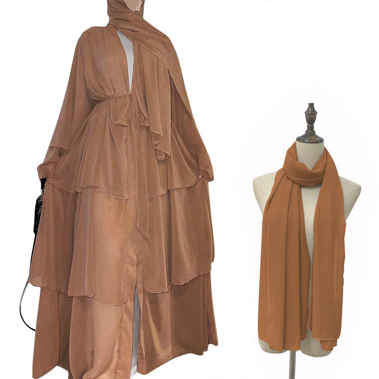Stitching three-layer chiffon elegant cardigan dress robe