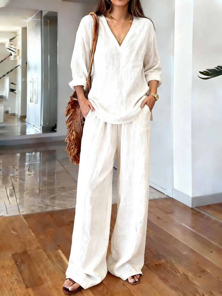 Women's Casual Long Sleeve V-Neck Cotton Set