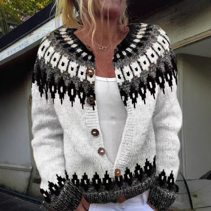 Ethnic Jacquard Knit Cardigan Women Long Sleeve Retro Style