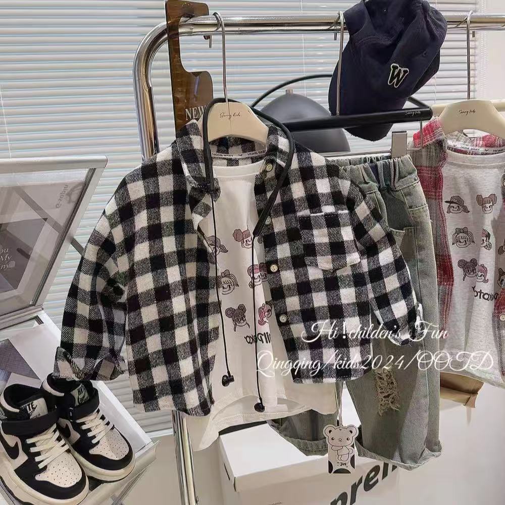 Kids Lapel Shirts with Striped and Grid Patterns