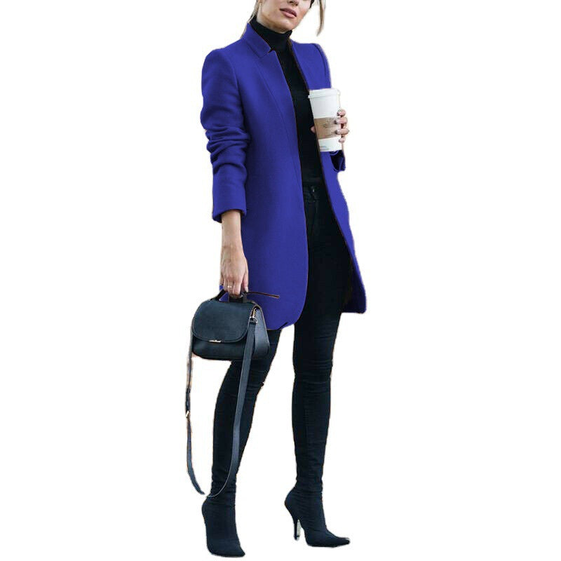 Solid color stand collar wool coat