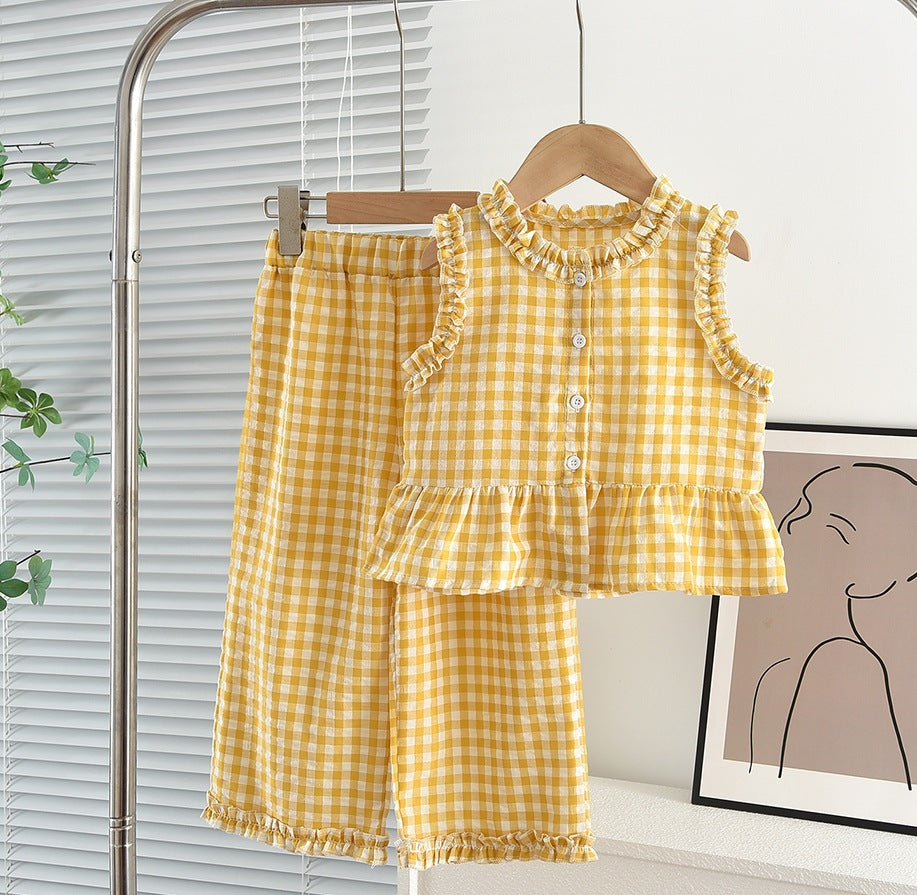 Girls' Lace Contrast Plaid Sleeveless Vest and Wide-leg Pants Set
