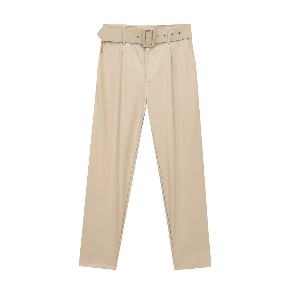 Women's High Waist Belted Leather Pants