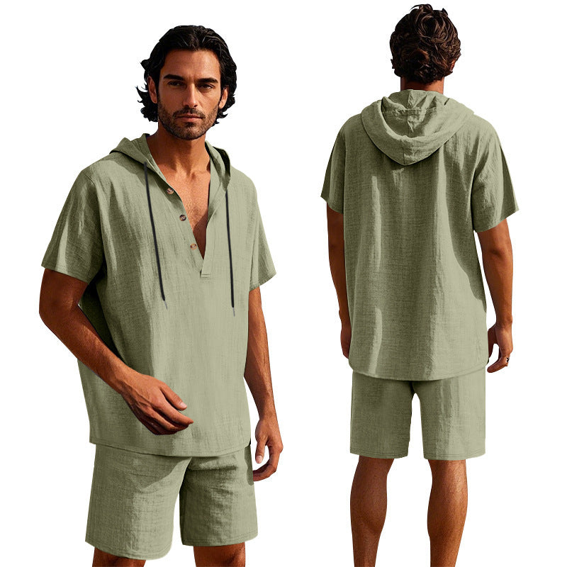 Men's Linen Hooded Shirt and Shorts