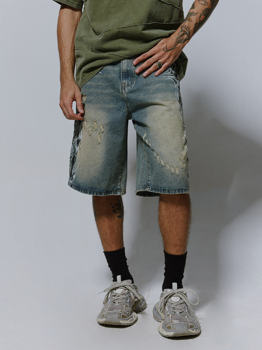 Men's Distressed Spray-Print Denim Shorts