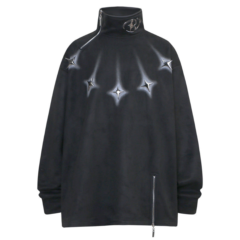 American-style zipper-enclosed high-neck pullover sweater