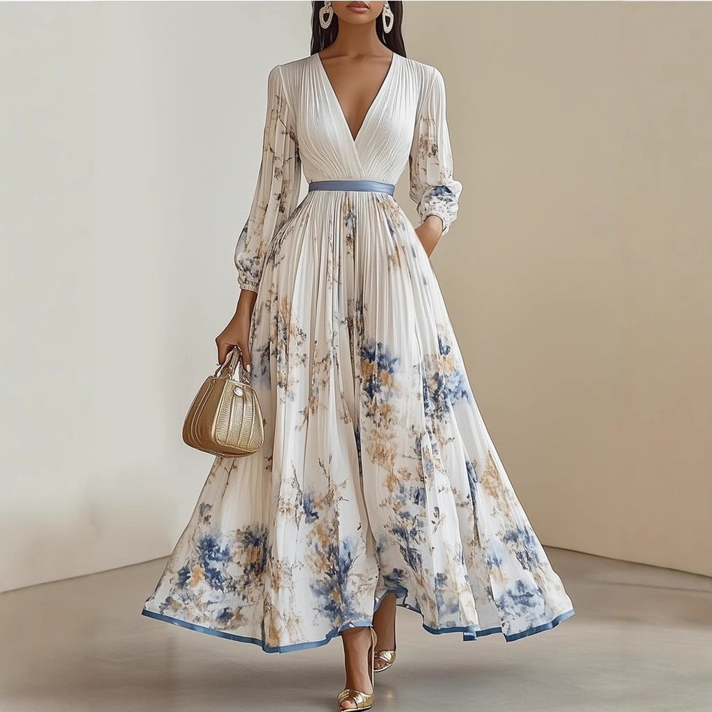 Printed V-Neck Pleated Dress