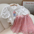Girls' Floral Lapel Top with Short Skirt