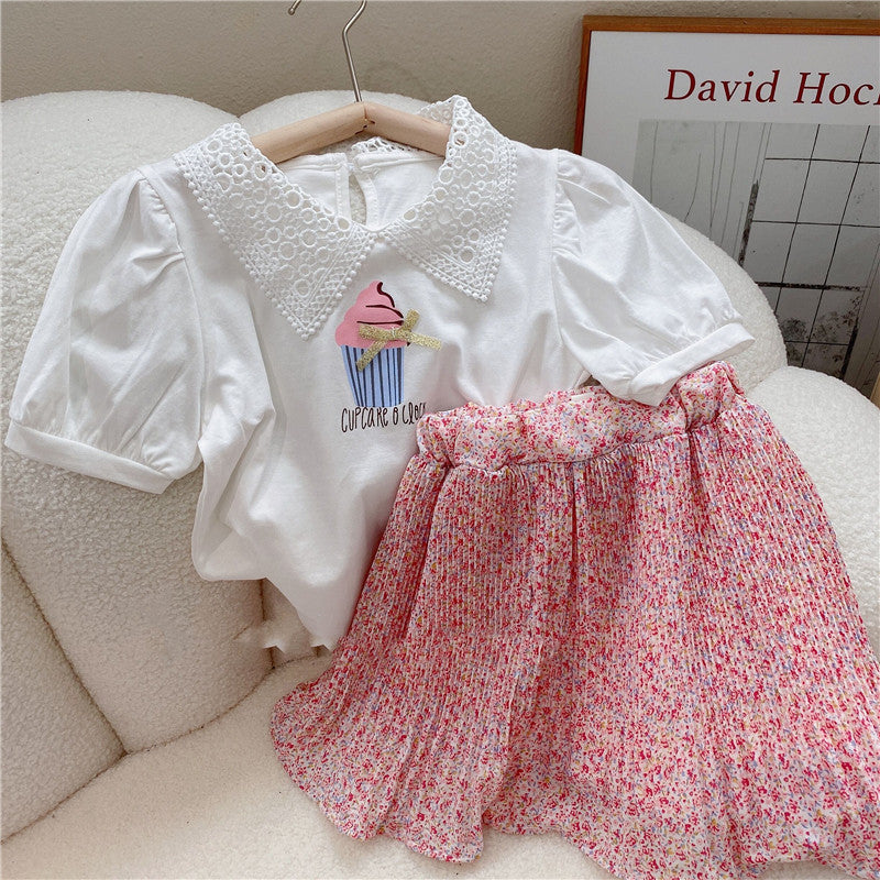 Girls' Floral Lapel Top with Short Skirt