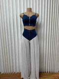 Pleated denim vest paired with chiffon trousers