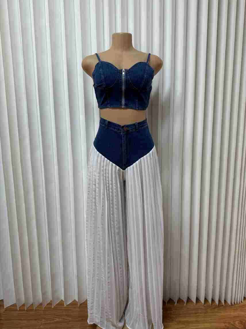 Pleated denim vest paired with chiffon trousers