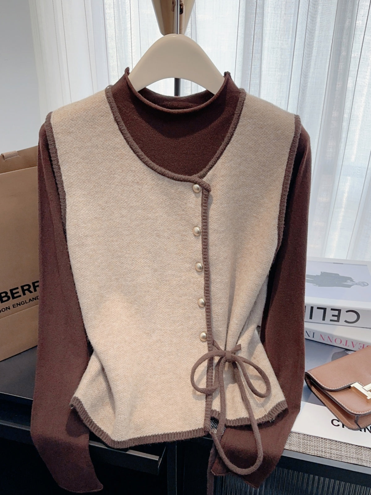 Women's Designer Lace-Up Vest and Long-Sleeve Base Shirt Two-Piece Set